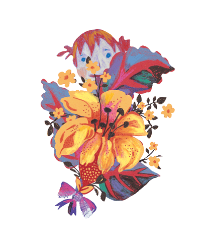 An illustrated girl among spring flowers
