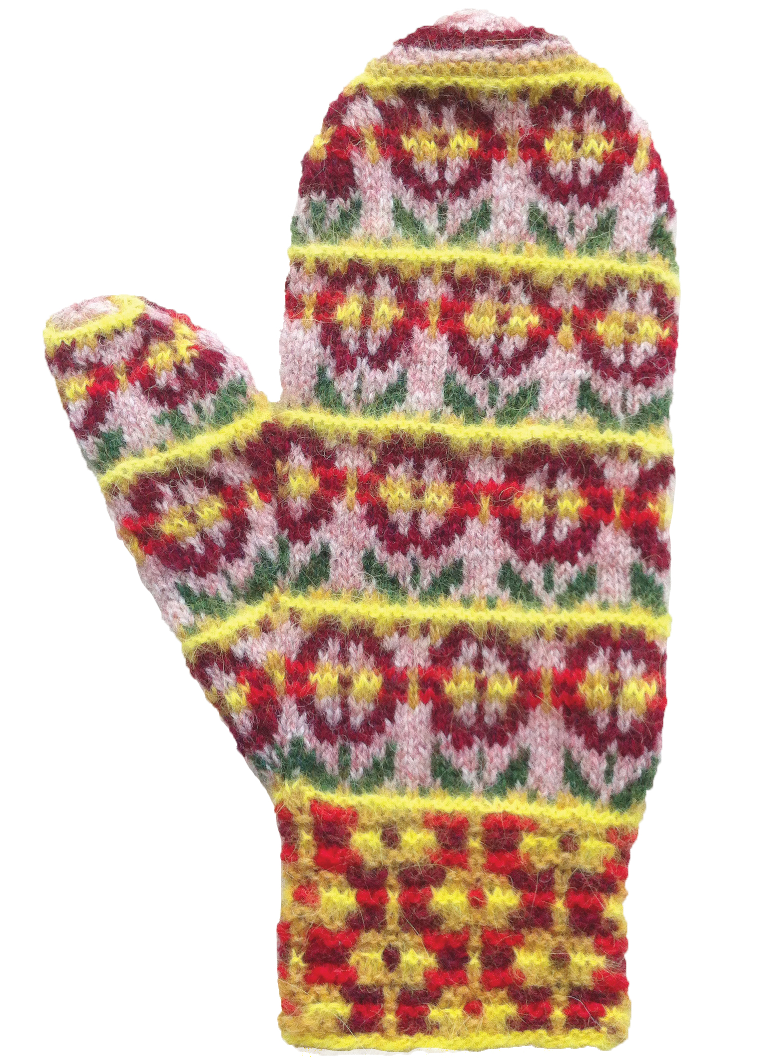 A pair of hand-knit Fair Isle mittens in reds, pinks, green and yellow